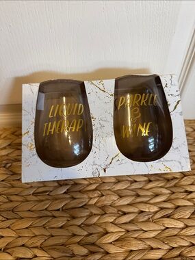 Gold Lettered Clear Stemless Wine Glasses - Set of 2 New in Box